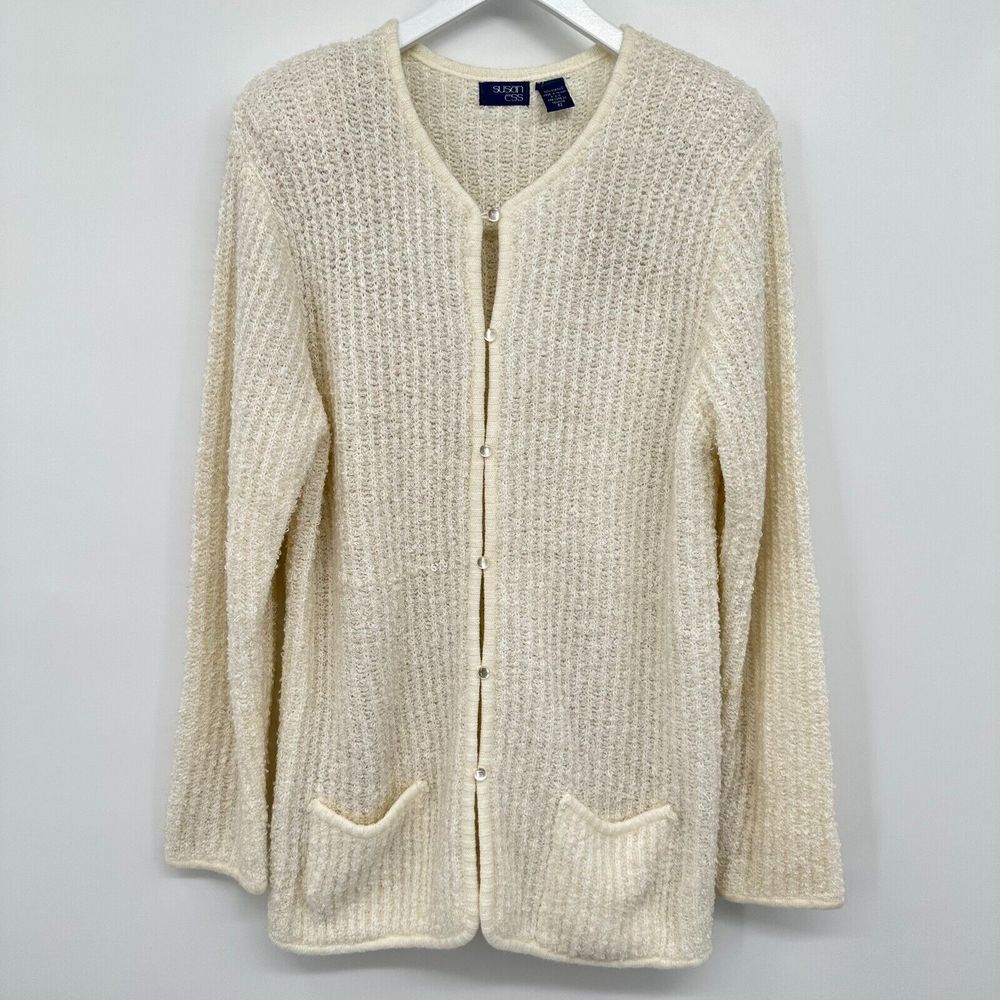 Vintage Cardigan Sweater Size‎ 42 Medium Top Chunky Shoulder Pads Pockets Ivory